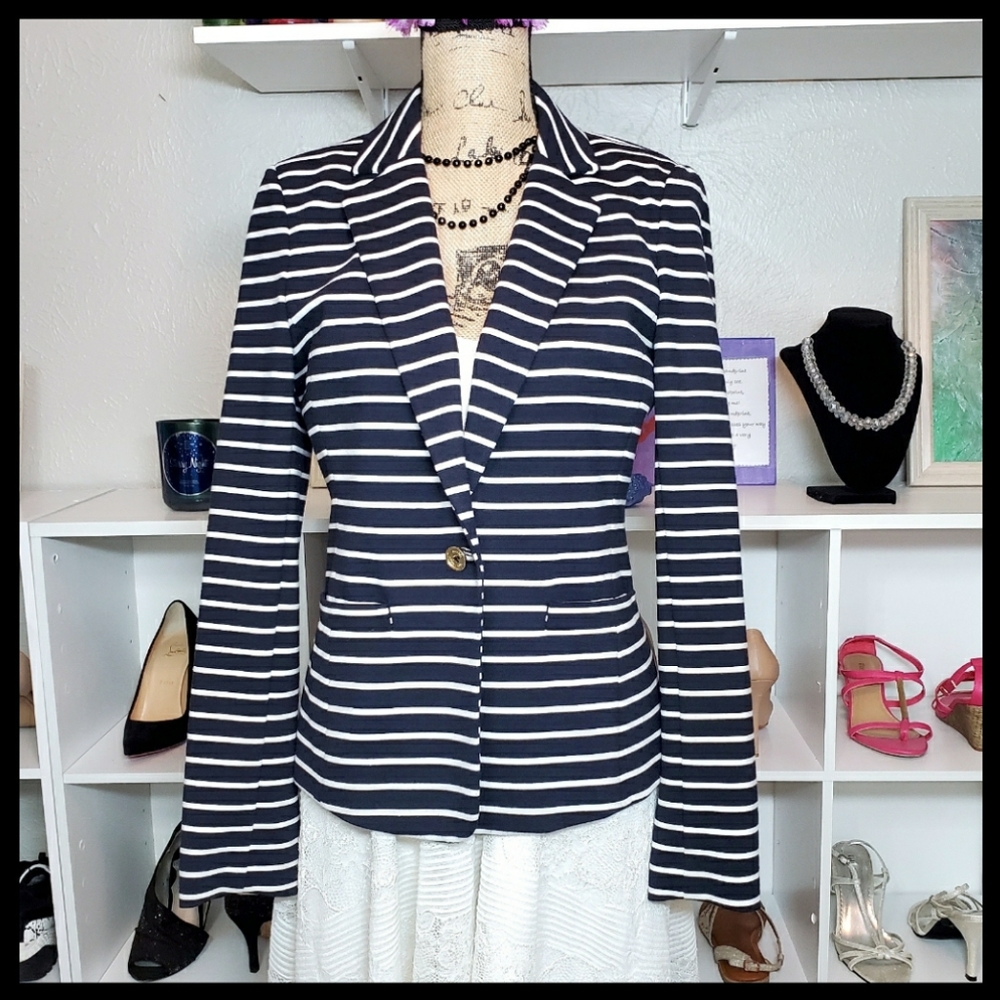 Michael Kors Navy White Striped Blazer Single Button Size 10